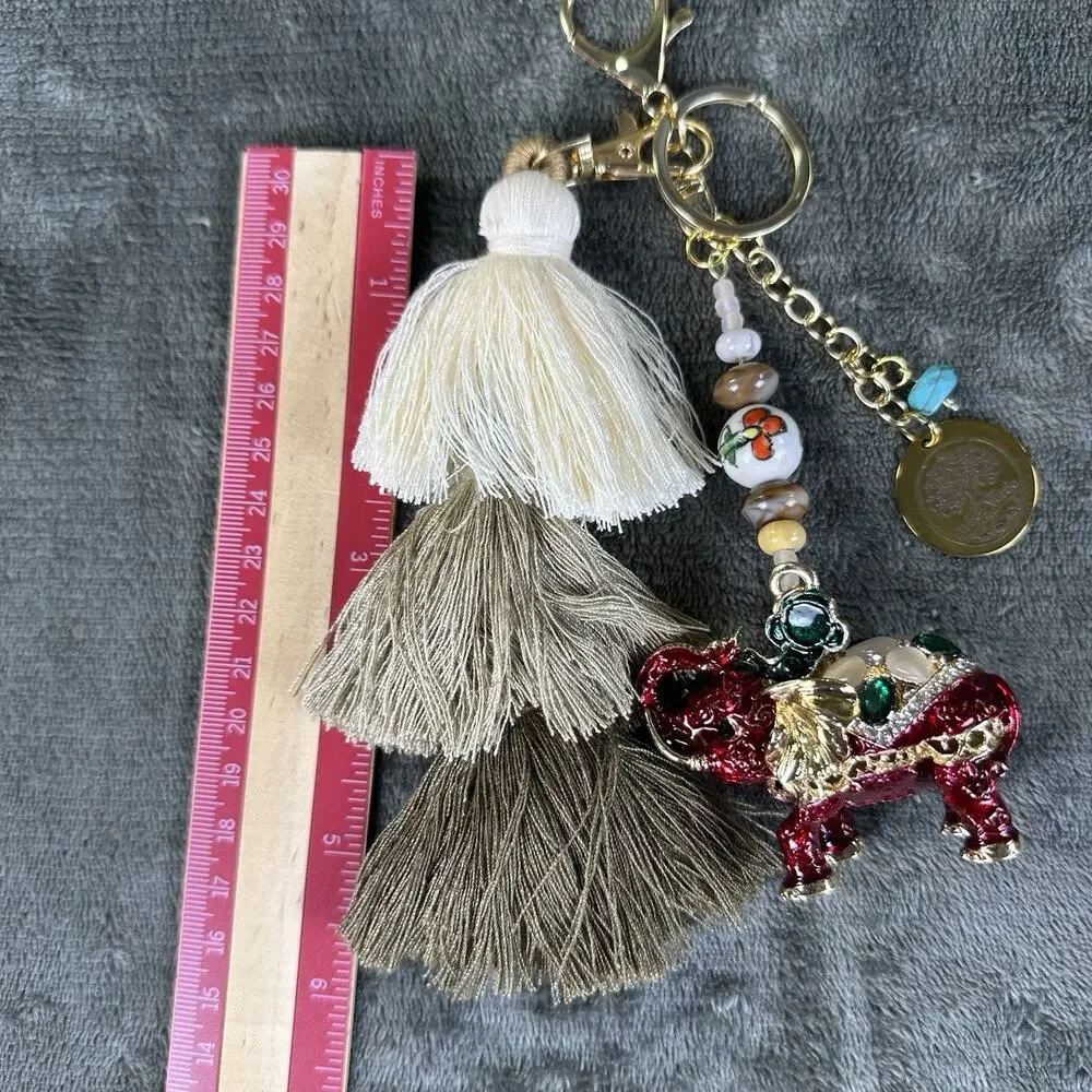 Bag charm Keychain Red Elephant Metal enamel bohemian Tassel BC0035